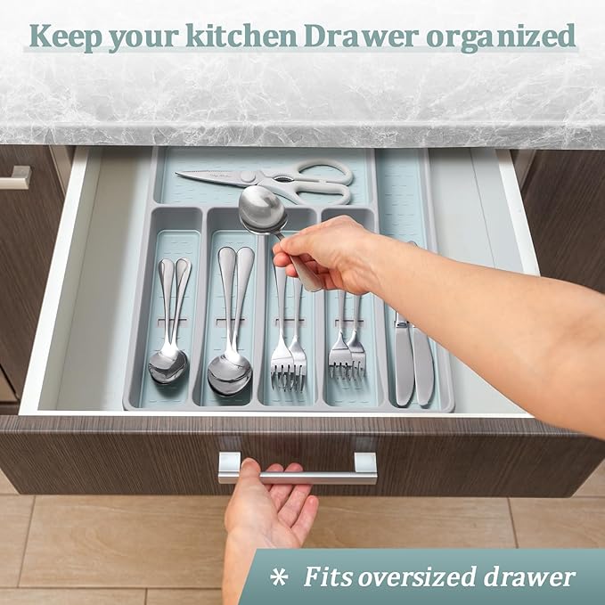 Silverware Organizer with Cutlery Icons,Silverware Tray for Kitchen Drawer,Plastic Flatware Tableware Cultery Drawer Organizer Utensil Organizer with Non-slip TPR Linings,6-Compartment