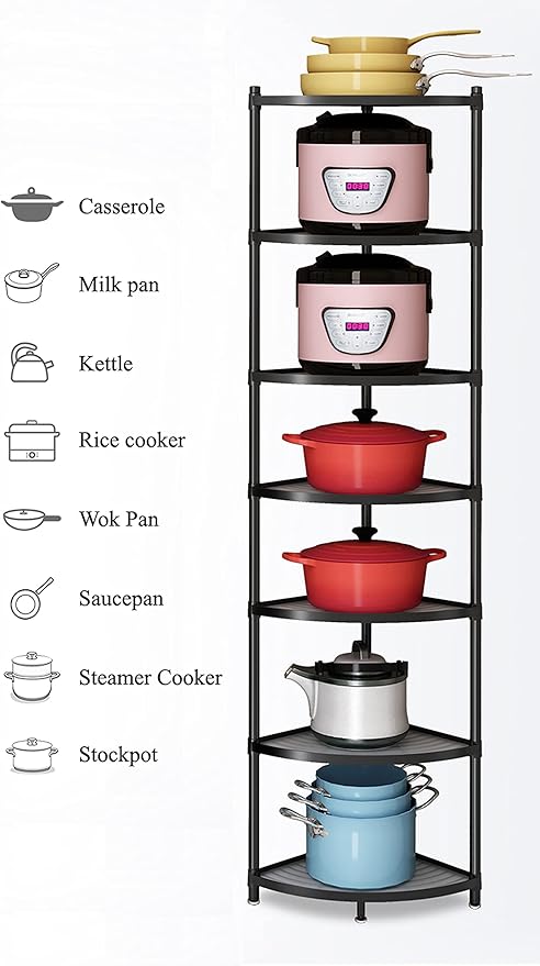 7-Tier Kitchen Corner Shelf Adjustable Pot Rack, Cookware Free Standing Storage Organizer ,Pot and Pans Tower Metal Shelves for Kitchen