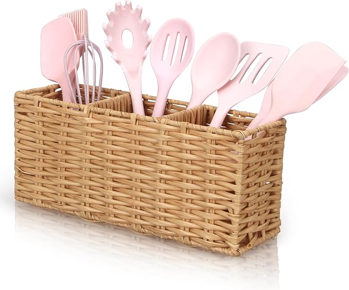 Ayiaren Wicker Flatware Silverware Caddies Cutlery Holder Best Kitchen Silverware Organizer Storage for Countertop Silverware Utensils Holder Party Spoon Knives Fork Holder Flatware Utensil Caddy