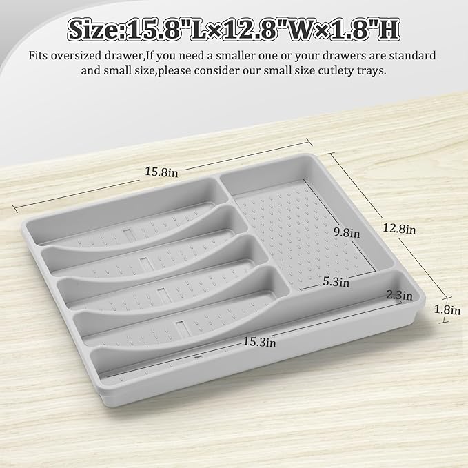 Silverware Organizer with Cutlery Icons,Silverware Tray for Kitchen Drawer,Plastic Flatware Tableware Cultery Drawer Organizer Utensil Organizer with Non-slip TPR Linings,6-Compartment,Grey
