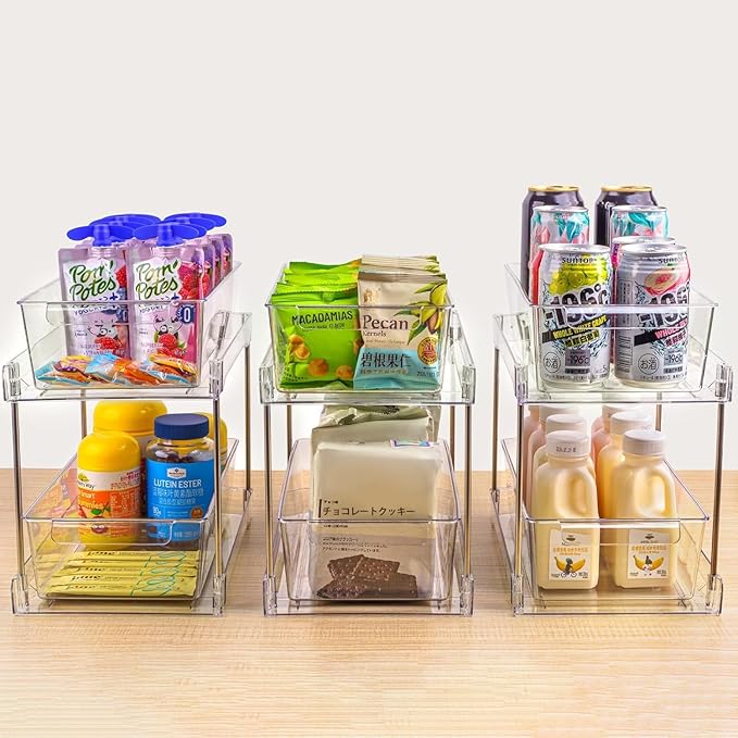 1 Pack 2-Tier Bathroom Under Sink Organizers and Storage - Clear Stackable Containers for Kitchen, Pantry, Vanity, Medicine Cabinet, Makeup, and Counter with Pull-Out Track
