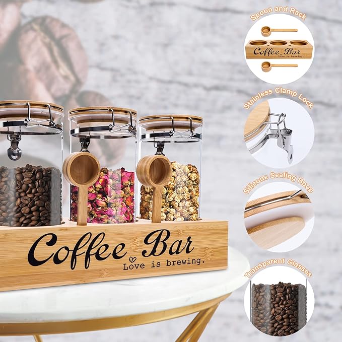 ZHAO Glass Coffee Containers with Shelf Airtight Coffee Bean Storage Jars with Locking Clamp Lid and Spoons Coffee Canister Set for Ground Coffee Sugar Tea Nuts Kitchen Food Containers