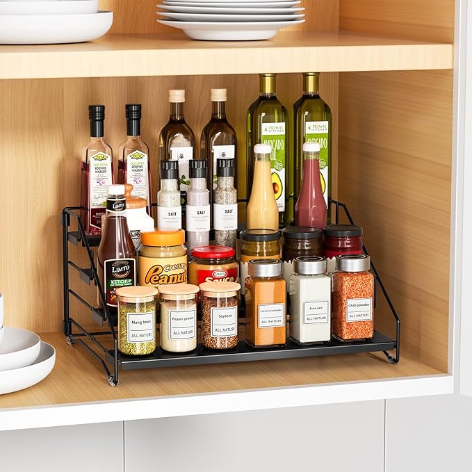 RCHYFEED Spice Rack Organizer for Cabinet Pantry,4 Tier Countertop Spice Rack,Step Spice Organization Easy Visibility,Tierd Depth Expandable Seasoning Shelf for Cabinet Organizer (Black, 1Pack)