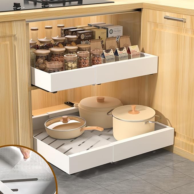 1 Pack 21" Deep Pull Out Drawers for Cabinets, Expandable Slide Out Drawers for Kitchen Cabinets, Pull Out Cabinet Organizer Roll Out Shelves for Pantry(Width 12.2"-19.7", White)