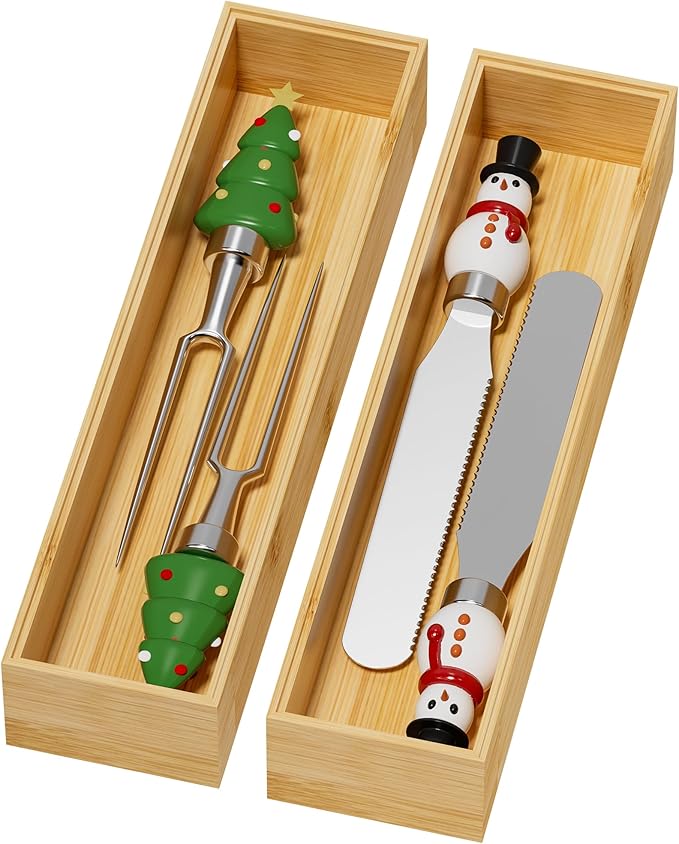 Bamboo Drawer Organizer, Narrow Silverware Organizer for Kitchen, Stackable Cutlery Drawer Organizer, 2 Pcs Utensil Organizer, Wood Storage Box Tray (Bamboo, 12 X 3 X 2 Inch)