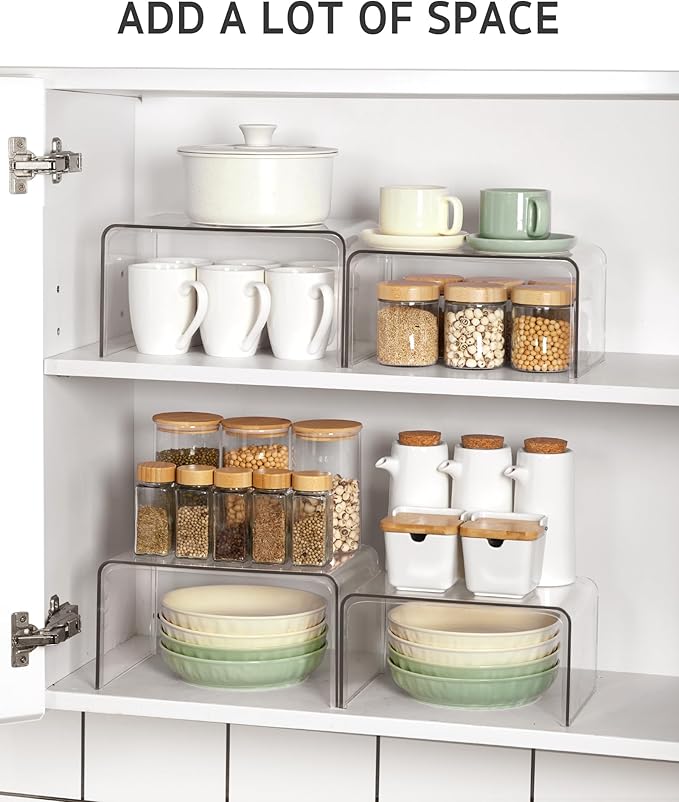 Syntus Cabinet Shelf Organizer, Set of 4 Clear Kitchen Counter Shelves for Kitchen Pantry Storage, Spice Rack
