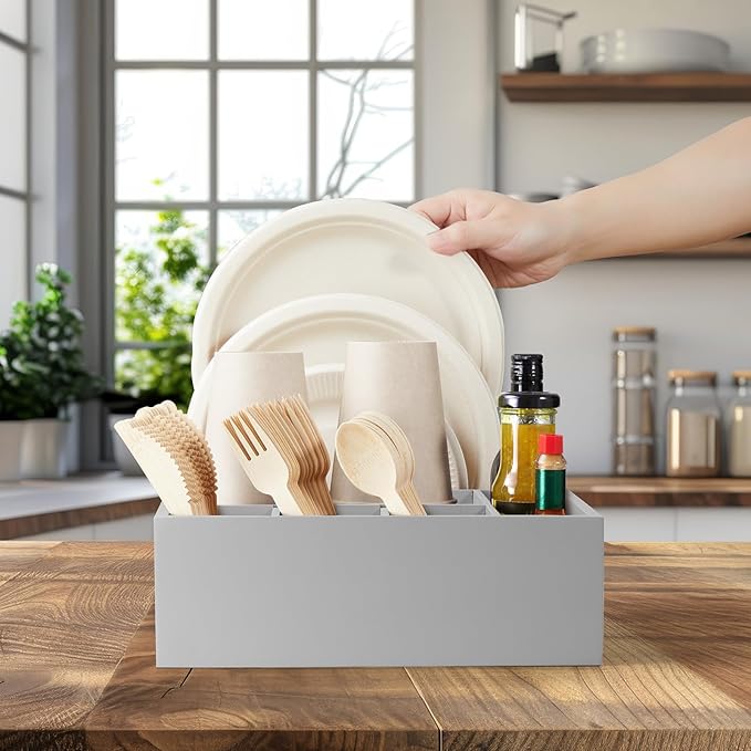 Gray Wood Utensil Holder for Party - Paper Plate Organizer for Countertop - Silverware Caddy with 6 Compartments for Plate Cup Fork Spoon - Cutlery Holder for Kitchen Camping Buffet