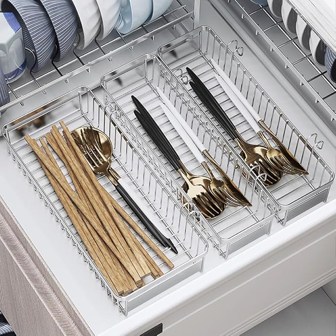 Sturdy 304 Stainless Steel Flatware Organizers with Hooks, 2 Pcs Drawer Silverware Organizer for Chopsticks/Spoon/Fork/Knife, Large and Small