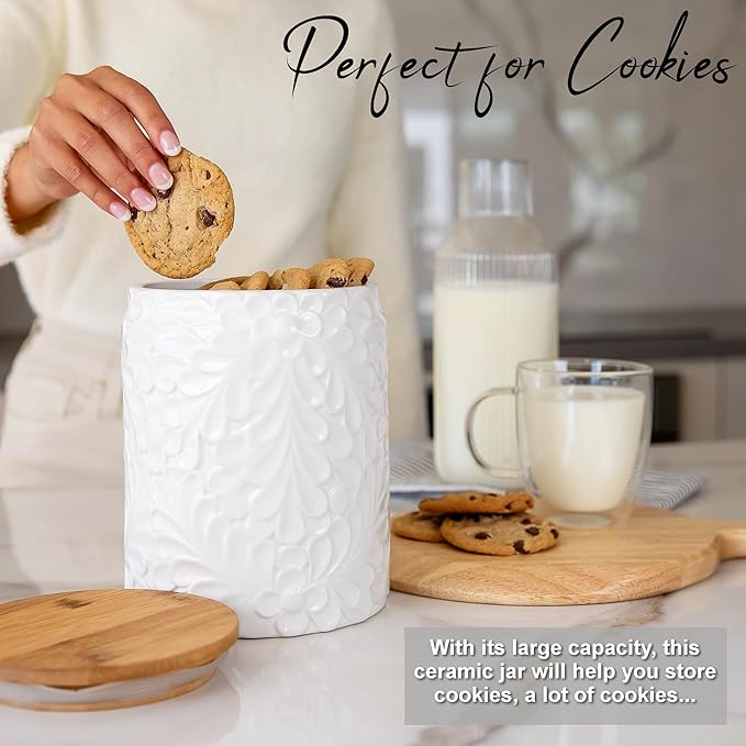 XXL 94 Oz Engraved Ceramic Kitchen Canister - Storage Jars with Airtight Lids Made from Bamboo with Nature-Inspired Engraving - Use as a Pasta Holder, Coffee Ground Holder, Rice Container, Candy Jar