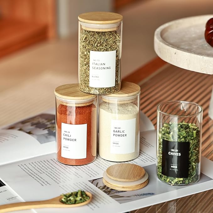 16Pcs Round Glass Spice Jars with Bamboo Lids, include 4oz, 6oz, 8oz, 10oz Empty Containers With 340 Spice Labels Preprinted of White and Black Color, Spice Bottles for Seasoning Organizer
