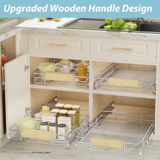 LOVMOR Pull Out Cabinet Organizer with Wooden Handle, 16½" W x 21½"Heavy Duty Cabinet Drawers Shelves Slide Out Organizer for Kitchen, Pantry
