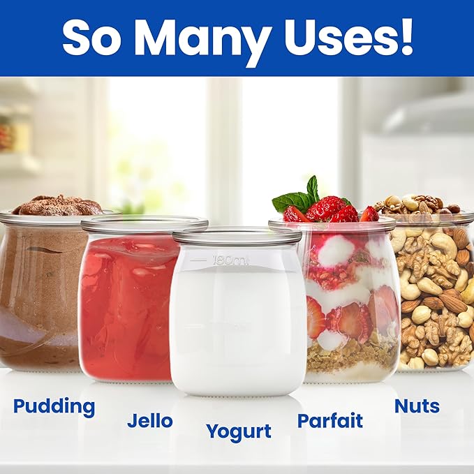 Ultimate Yogurt Jars - Make More Delicious Yoghurt! 8 Count Small Glass Yogurt Cups With Lids - 100% BPA Free, Airtight & Dishwasher Safe! Perfect Containers for Yoghurt, Oatmeal, Pudding, or Jello