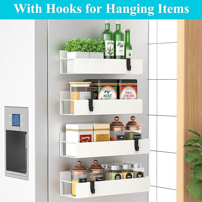 4 Pack Magnetic Spice Storage Rack Organizer for Refrigerator and Oven, Cream White Fridge Organizers and Storage