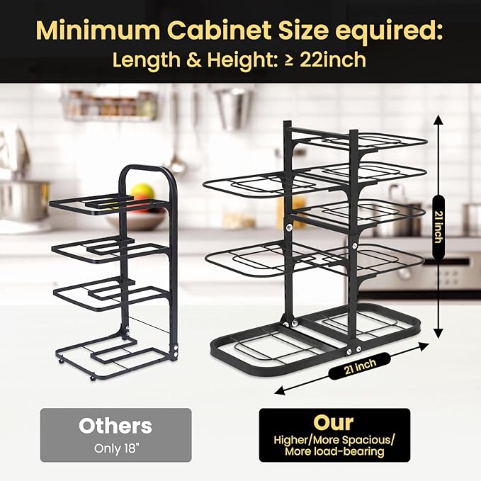 Podxco Heavy Duty Pots and Pans Organizer Under Cabinet: 8-Tier Adjustable Pot and Pan Organizer, Space Saving Pan Organizers Inside Cabinet, 21" Kitchen Storage Pot Rack Organizer for Cast Iron Pan