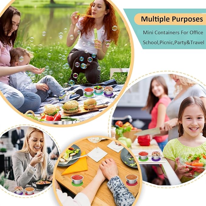18 Pack Salad Dressing Container To Go 2.4oz Small Condiment Containers with Leakproof Silicone Lids Reusable Stainless Steel Sauce Cups for Office Lunch Bento Box Picnic Meal Prep Travel Party