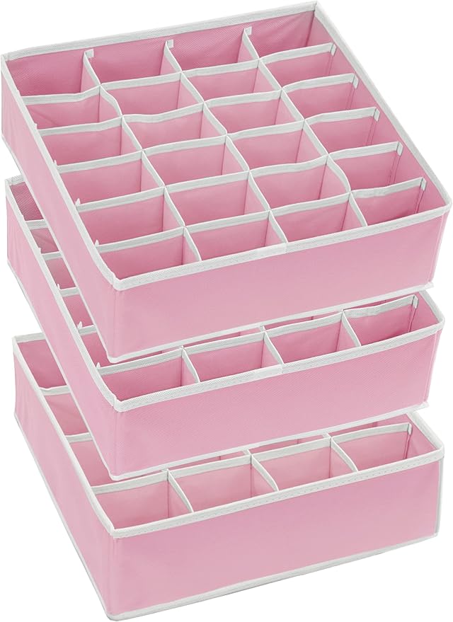 Simple Houseware Sock Drawer Organizer for Dresser/Closet/Bedroom, 3 Pack, Pink