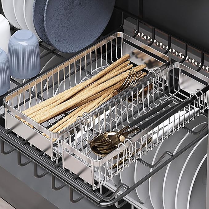 Sturdy 304 Stainless Steel Flatware Organizers with Hooks, 2 Pcs Drawer Silverware Organizer for Chopsticks/Spoon/Fork/Knife, Large and Small