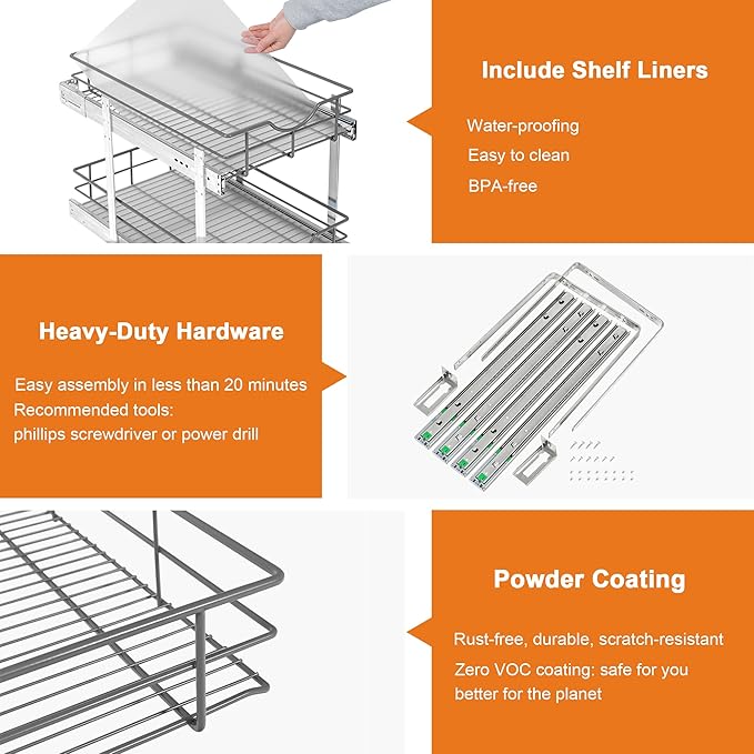 ALINE FURNITURE 2-Tier Pull Out Cabinet Organizer - 14" W x 22" D Soft Close Pullout Shelves for Kitchen Cabinets - Slide Out Drawers, Heavy Duty Steel Wire