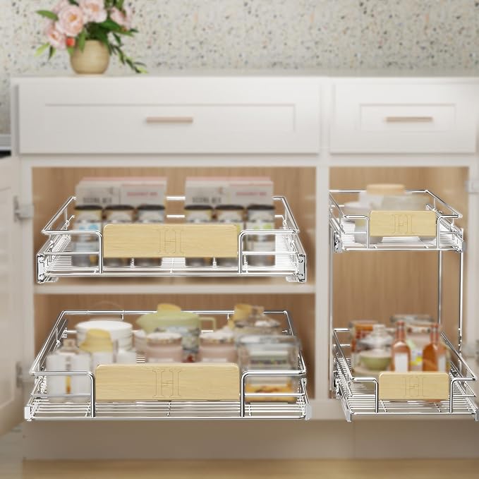 LOVMOR Pull Out Cabinet Organizer with Wooden Handle, 16½" W x 21½"Heavy Duty Cabinet Drawers Shelves Slide Out Organizer for Kitchen, Pantry