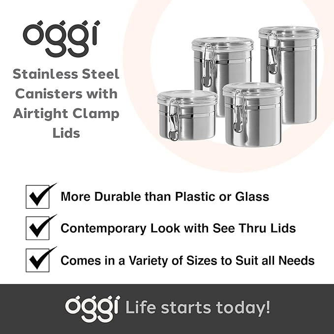 Oggi Stainless Steel Canister Set 4pc w/ Airtight Acrylic Lid & Clamp