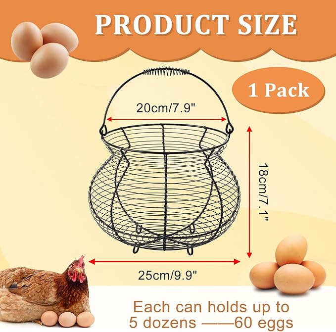 1 PCS Black Big Belly Wire Egg Baskets for Fresh Egg With Handle, Small Metal Egg Collecting Basket for Gathering Fresh Eggs, Chicken and Duck Eggs Hunting Basket Egg Holder Countertop