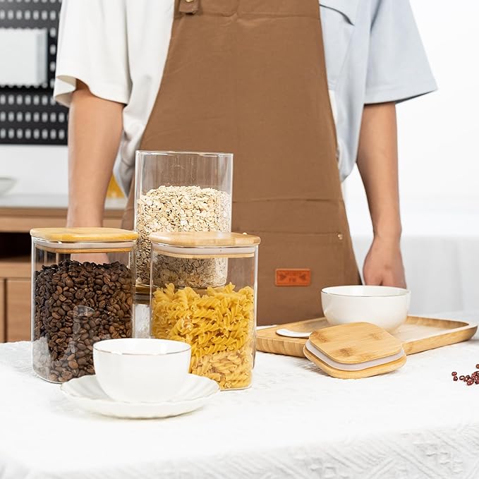 41oz Airtight Glass Square Storage Canister with Bamboo Lid Set of 4 (1200ml) Container Stackable Jar, Kitchen Canister for Pantry Noodles, Flour and Coffee beans (with Black Lable)
