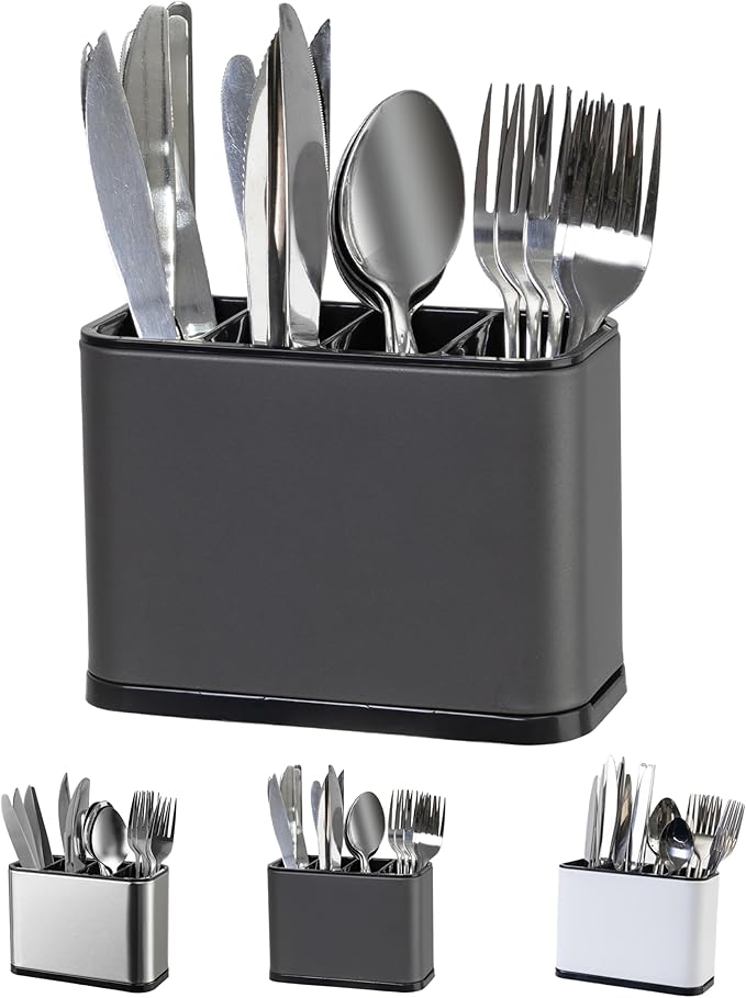 Silverware Organizer,Kitchen Utensil Holder For Counter,Stainless Steel Caddy,4 Compartments Organizer, Capacity Flatware Spoon Fork Tool Cutlery Holder(Grey)