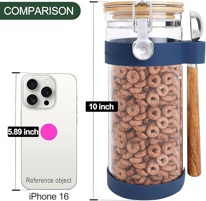 KKC HOME ACCENTS Sealed Glass Food Storage Container with Airtight Lid and Scoop for Cereal,Flour,Brown Sugar,Coffee or Loose Tea,Glass Sealed Jar Canister with Airtight Clamp Lid,50 fl oz