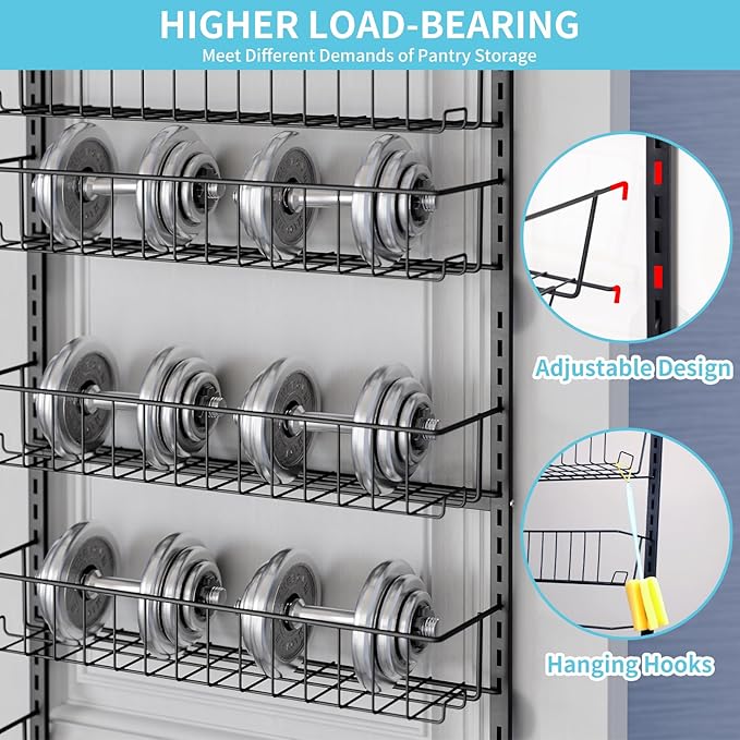 Fixwal 6-Tier Over the Door Pantry Organizer, Metal Hanging Spice Rack Storage Shelves with Adjustable Baskets for Kitchen, Black
