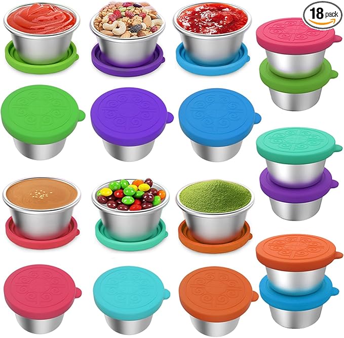 18 Pack Salad Dressing Container To Go 2.4oz Small Condiment Containers with Leakproof Silicone Lids Reusable Stainless Steel Sauce Cups for Office Lunch Bento Box Picnic Meal Prep Travel Party