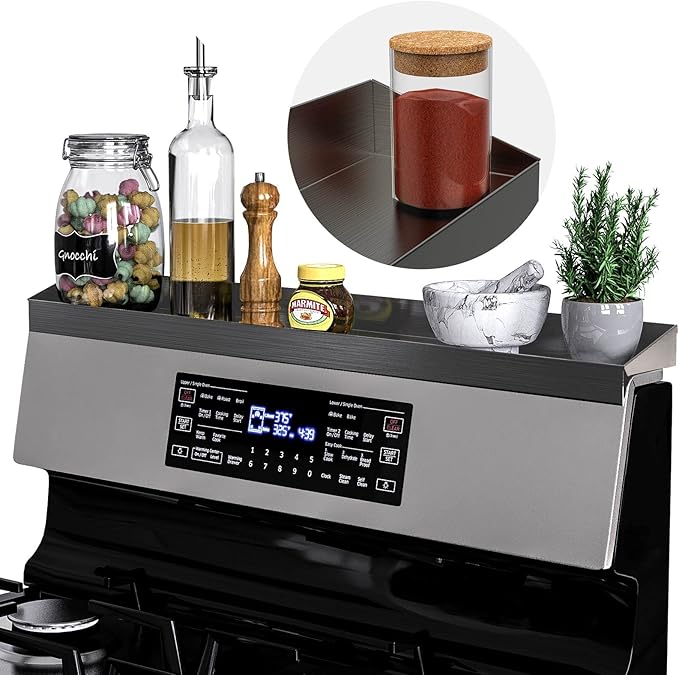IIIOIIIA Stove Top Magnetic Shelf for Kitchen Organization | 30" Spice Rack Over The Stove | 4" Deep Spice Organizer with Border All Around | Brushed Stainless - Black