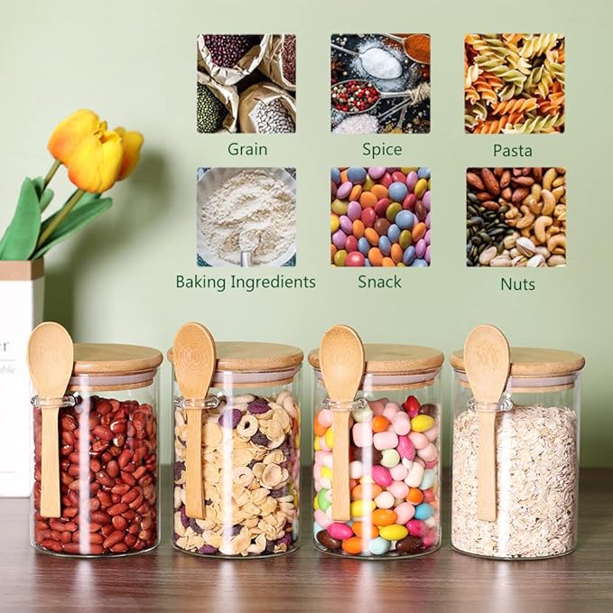 Glass Jars with Bamboo Lids and Wooden Spoons Set of 4, Coffee Tea Sugar Container Set for Loose Tea Canister Storage, Overnight Oats Containers with Scoop for Seasoning, Coffee, Yogurt