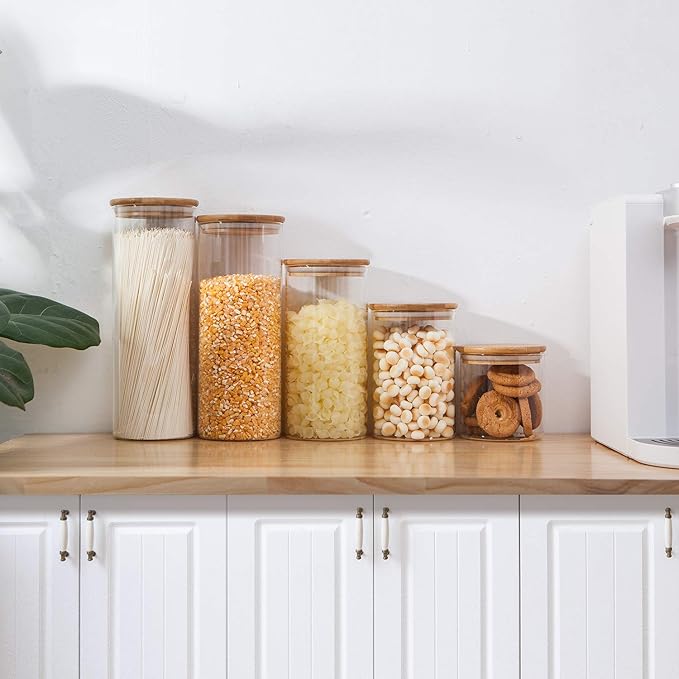 Glass Food Storage Containers Set,Airtight Food Jars with Bamboo Wooden Lids - Set of 5 Kitchen Canisters For Sugar,Candy, Cookie, Rice and Spice Jars