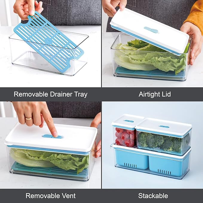 Lille Home Stackable Produce Saver, Organizer Bins/Storage Containers with Removable Drain Tray, Set of Three, for Refrigerators, Cabinets, Countertops and Pantry, BPA Free (Blue,Set of Three)