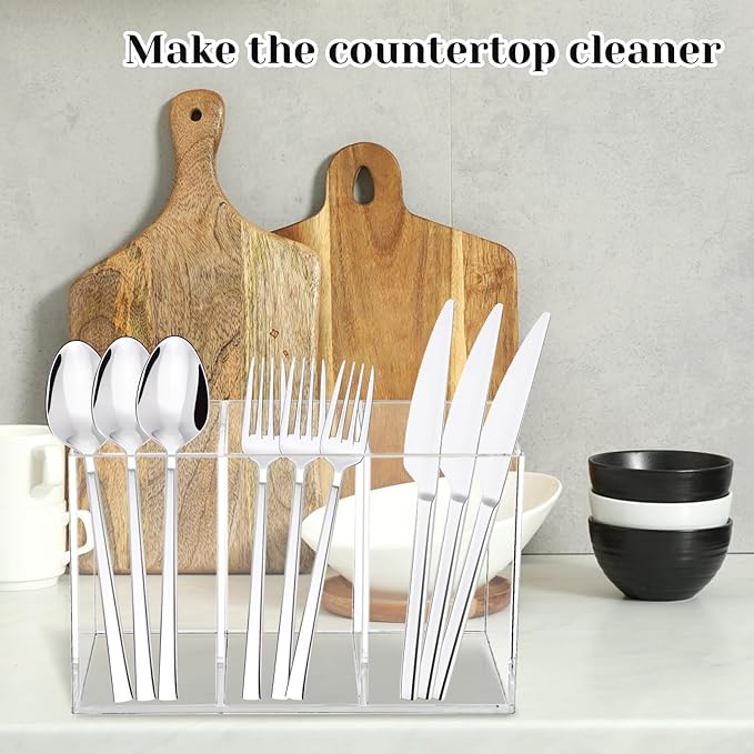 Rainmae Acrylic Cutlery Storage Organizer, Plastic Cutlery Utensil Holder Storage Organizer Caddy for Kitchen Countertop Organization - Holds Fork, Knife, Spoon, Silverware Tableware Storage Box