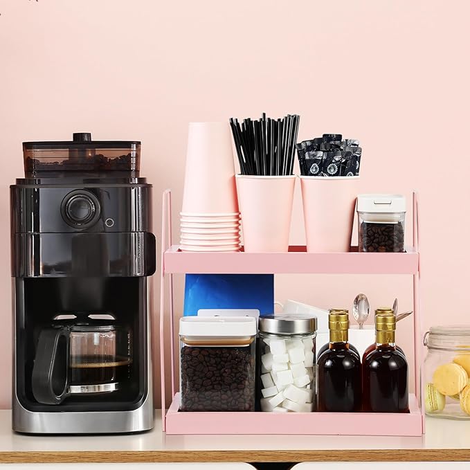 Countertop Coffee Station Organizer, 2 Tier Pink Wooden Shelf for Coffee Bar Accessories, Condiment Storage Caddy for Kitchen, Bathroom, Office