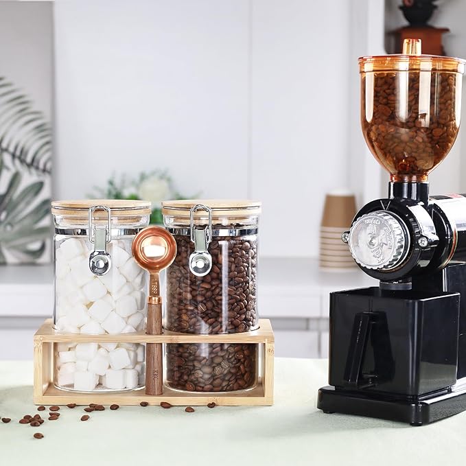 KKC HOME ACCENTS Airtight Borosilicate Glass Coffee Beans & Loose Tea Storage Canisters with Bamboo Clamp Lid & Scoop - Glass Food Storage Jars for Nuts,Sugar, Kitchen Pantry Organization - 40 Fl.Oz
