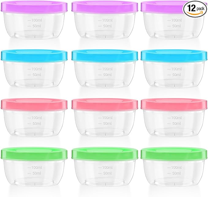 Zezzxu 5 oz Small Freezer Storage Containers with Screw Lids, 12 Pack Reusable Plastic Food Jars Stackable Deli Containers (Microwave & Freezer Safe)