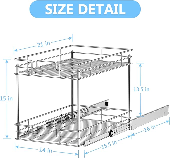 LOVMOR 2-Tier Pull Out Cabinet Organizer, 14" W x 21" D, Chrome Pull Out Drawer for Base Cabinet Silver