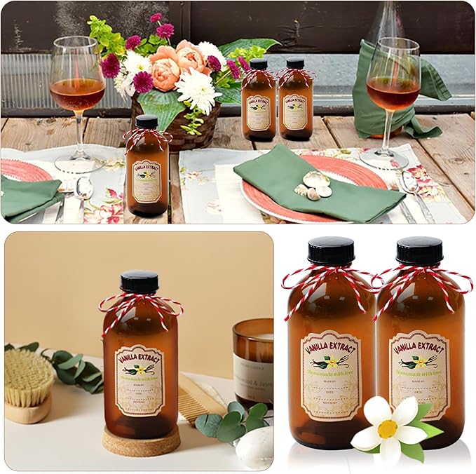 15 Pack 8 Oz Amber Glass Bottle with Caps Brown Vanilla Extract Bottles Boston Round Bottles 15 Pcs Vanilla Extract Stickers Glass Food Storage Canister for Syrup Sauce Beans Homemade Essential Oils