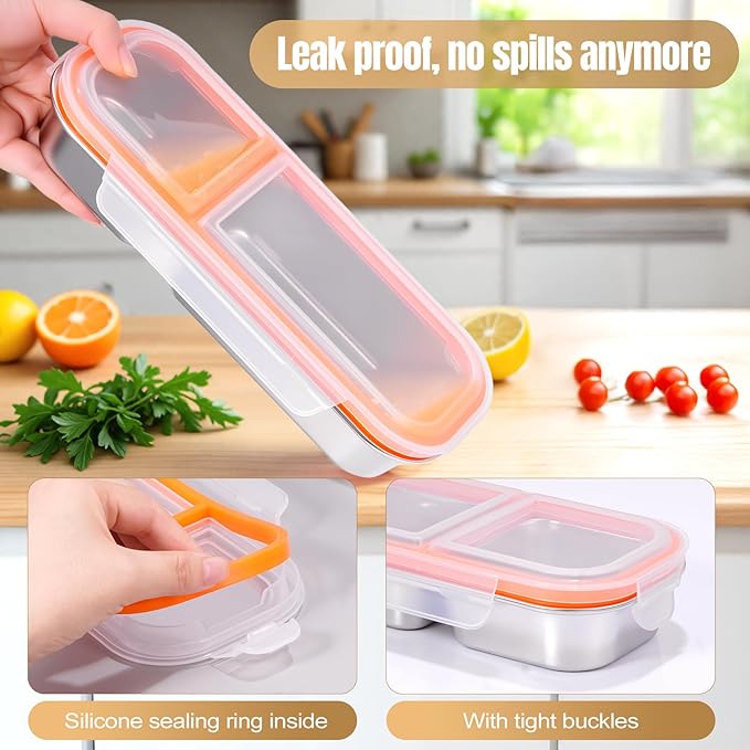 Stainless Steel Snack Containers - Reusable Double Compartment Condiment Box with Lids for Kids Adults, Grab and Go Divided Snack Food Storage Containers Sauce Cups for School, Travel