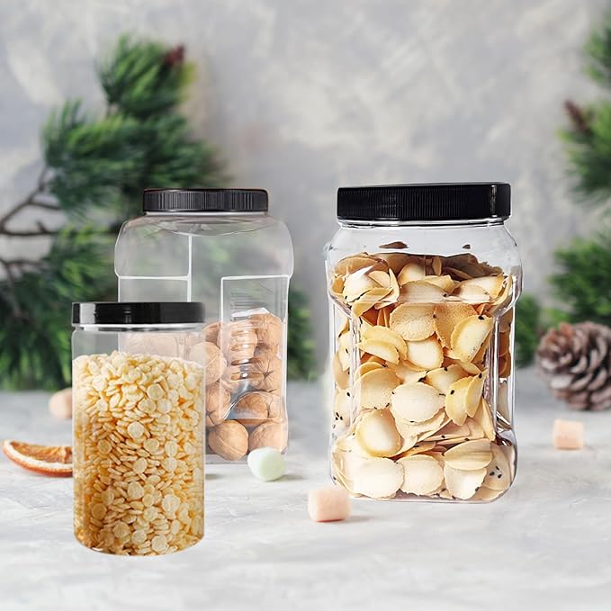 6 Pcs 1 Gallon Clear Plastic Jar with Lid and 25 oz Round Jar Wide Mouth Screw Top Storage Containers, Plastic Canisters for Candy Cookies Food with Spoon Labels and Pen