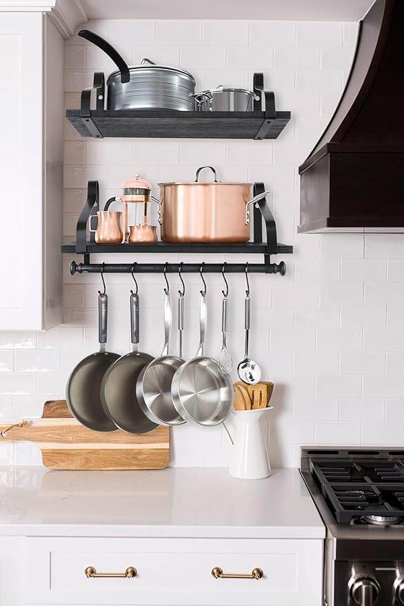 Gurfury Wooden Hanging Pot Rack with 8 hooks - Farmhouse Style Wall Mount Multifunctional Cookware Organizer Rack Kitchen Storage for Pans Utensils (Black)