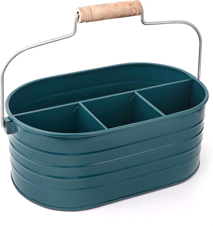 Alpha Living Home - Silverware Caddy, Wooden Utensil Holder with Handle, 4 Compartment Cutlery Organizer Bin for Forks, Spoons, Knives, Picnic, Kitchen Countertop Storage - Dark Cyan