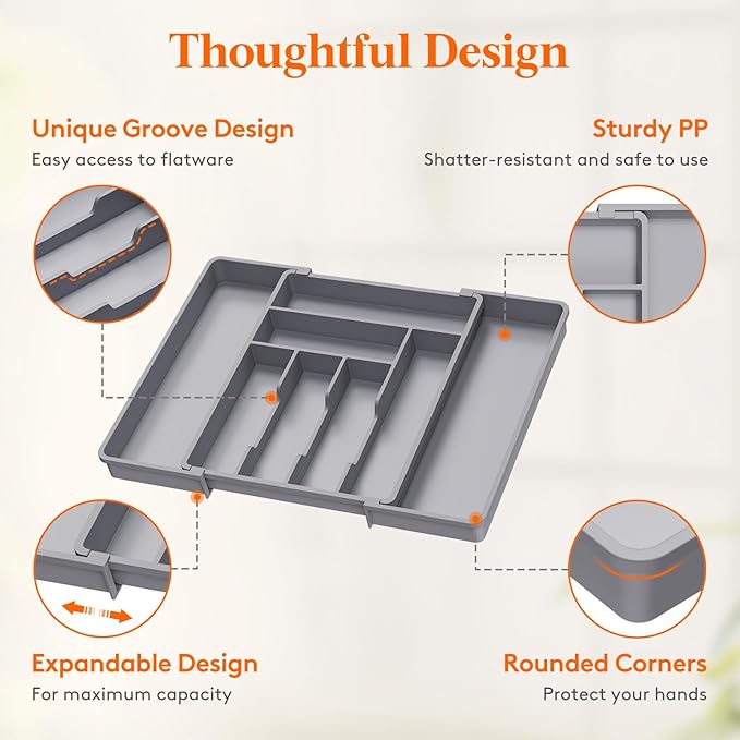 Lifewit Expandable Silverware Drawer Organizer, 22.4 x 16.7 x 2 inches, Adjustable Utensil Cutlery Tray for kitchen, Plastic Flatware Spoon Fork Knives Holder Storage Divider,1 Pack, Gray