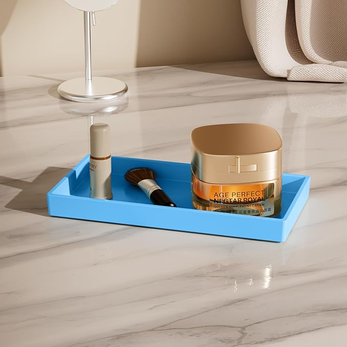 Vanity and Bathroom Tray, 7.7" ABS Countertop Organizer,Waterproof Vanity Tray for Toilet Tank,Perfume,Soap,Keys,Bathroom Accessories,Kitchen and Bath Trays,Non Slip Small Trays,Blue