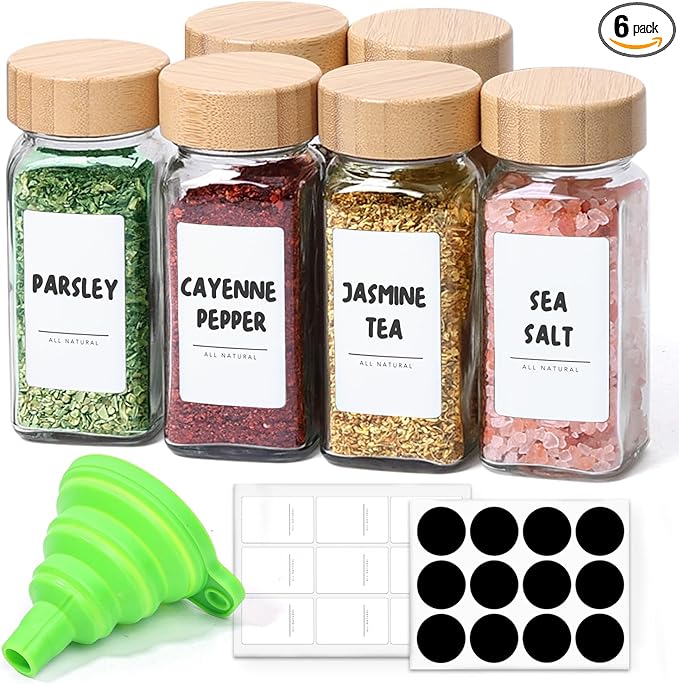 ComSaf 4 oz 6Pcs Glass Spice Jars with Label, Empty Spice Containers with Bamboo Lids, Square Seasoning Containers Trial and Supplement Set, Small Seasoning Bottles for Salt, Herbs, Sugar, Pepper