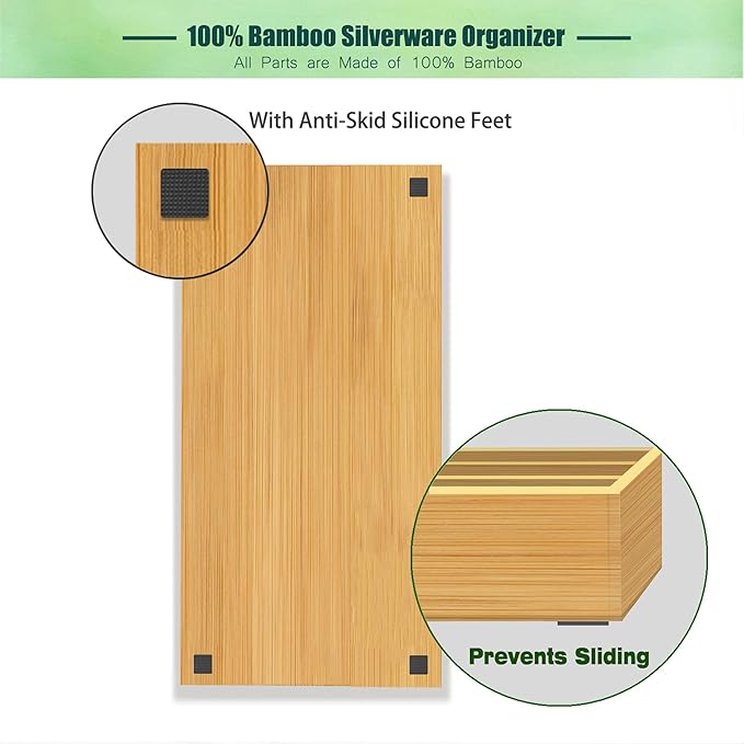 Bamboo Silverware Organizer, Kitchen Silverware Drawer Organizer, Utensil Tray Holder, Cutlery Tray for Spoons, Forks, Knives