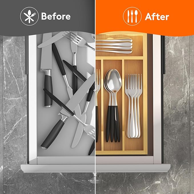 Lifewit Silverware Drawer Organizer Tray, Bamboo Cutlery Storage for Kitchen Drawer, 5 Compartment Flatware and Utensil Holder Divider for Spoons Forks Knives Tableware, Natural