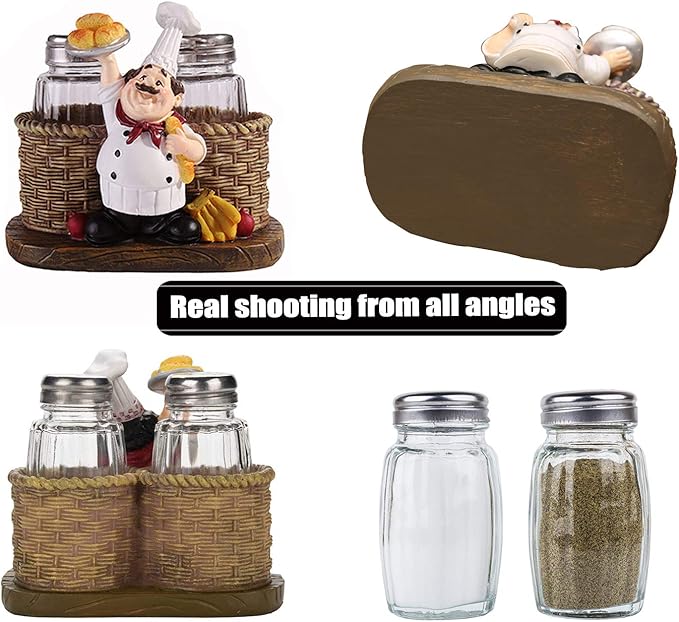 Salt and Pepper Shakers Set,Sitting Chef Decorative Statue Spice Organizer,Glass Spice Jars with Holder Figurine Gift for Family,Kitchen,Restaurant, Cafe,Bakery (Bread)